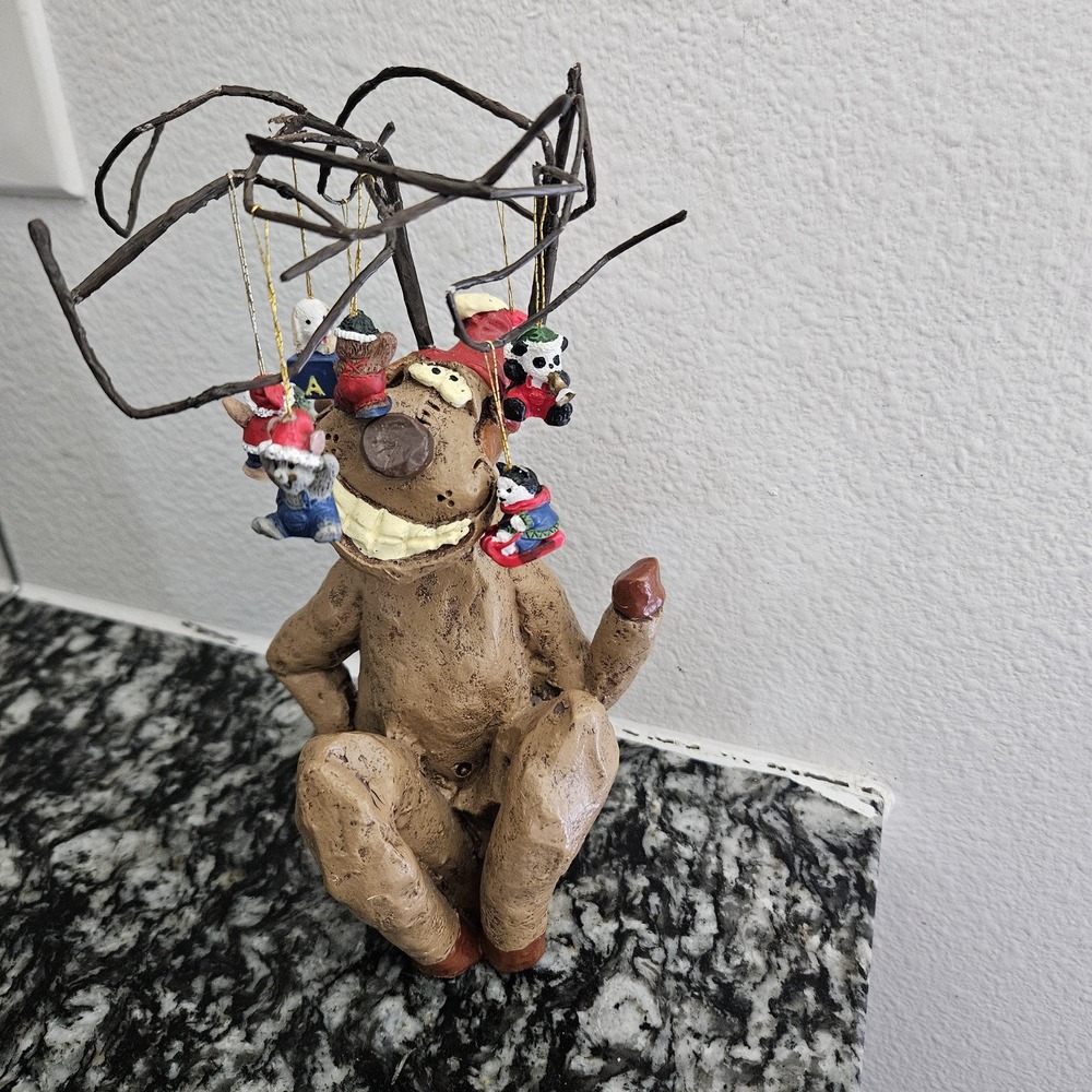 Whimsical resin seated‎ brown reindeer mini Christmas ornaments hanging  antlers